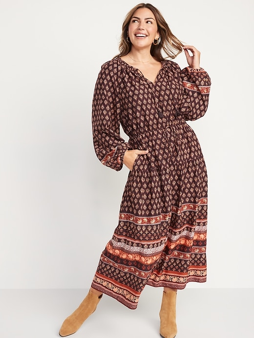 Image number 5 showing, Long-Sleeve Waist-Defined Tiered Poet Midi Dress for Women