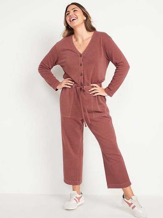 Image number 5 showing, Long-Sleeve Cropped French-Terry Utility Jumpsuit for Women