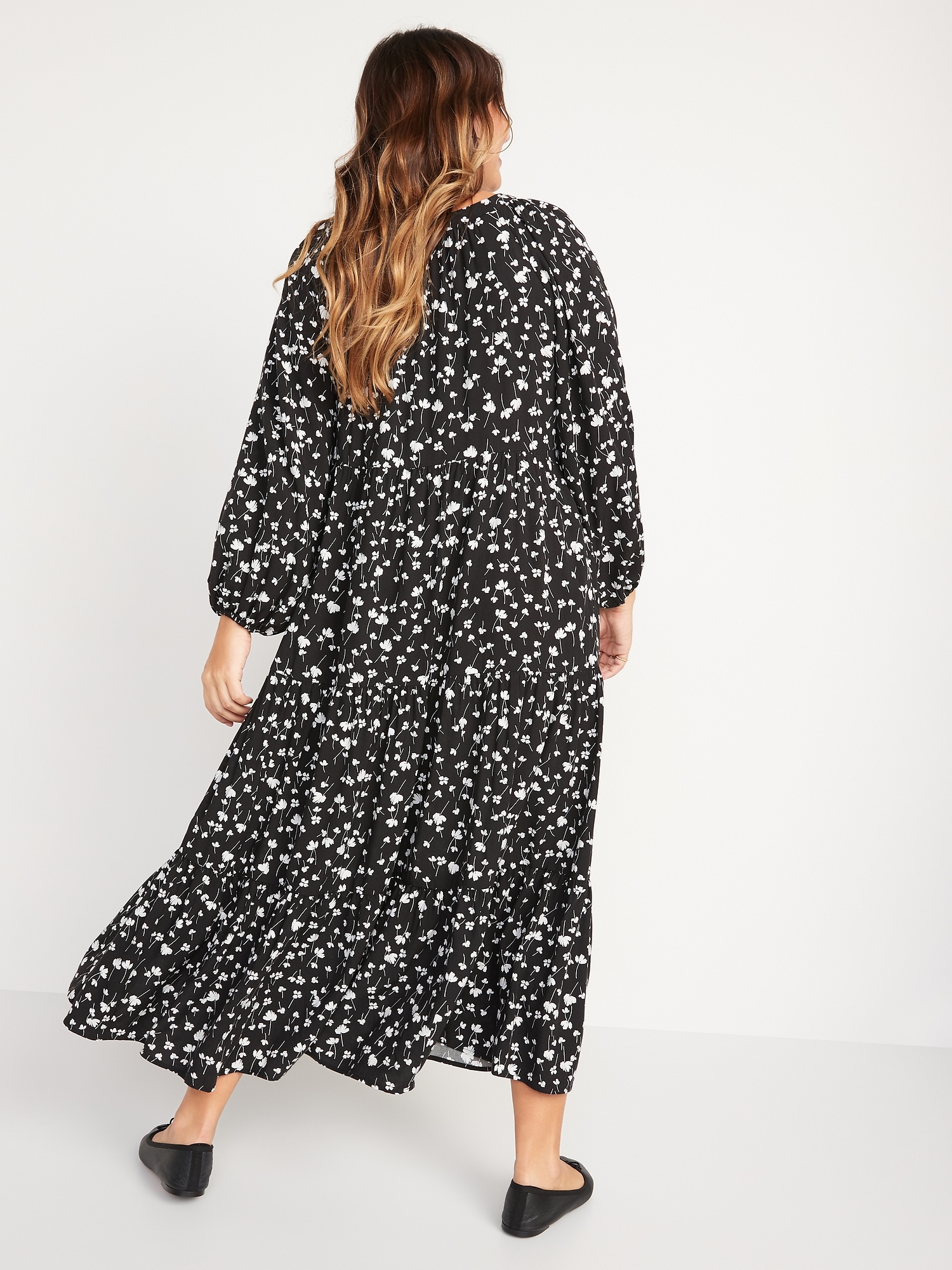 Long-Sleeve Floral-Print Tiered Midi Swing Dress for Women | Old Navy
