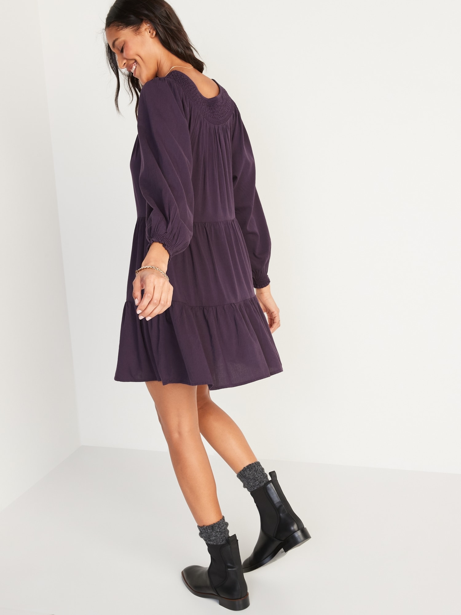 Long-Sleeve Tiered Smocked Embroidered Mini Swing Dress for Women 