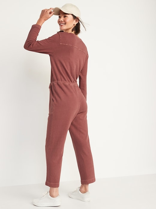 Image number 2 showing, Long-Sleeve Cropped French-Terry Utility Jumpsuit for Women