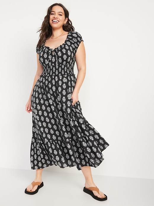 Waist-Defined Short-Sleeve Printed Midi Dress for Women | Old Navy