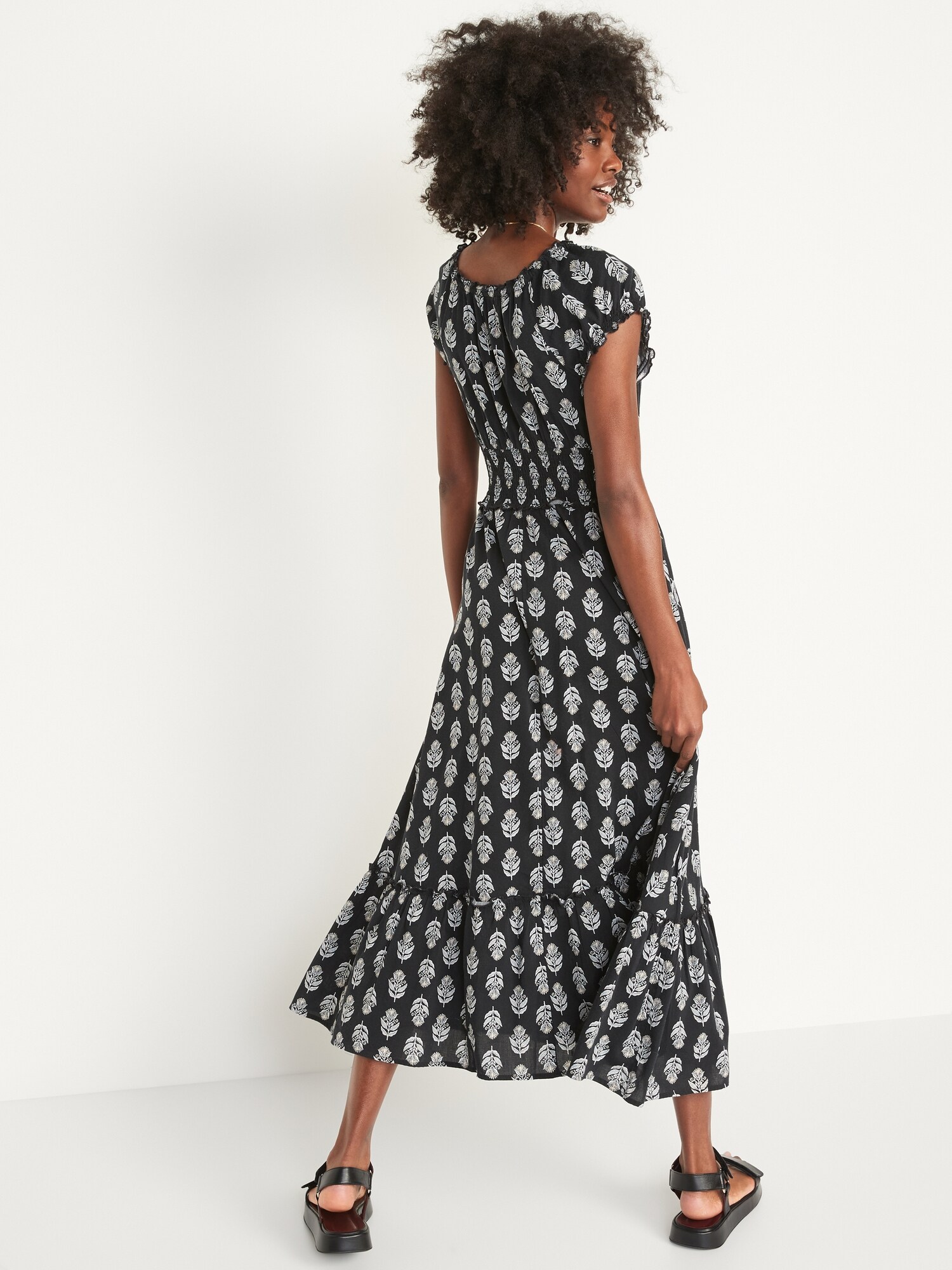 Waist-Defined Short-Sleeve Printed Midi 