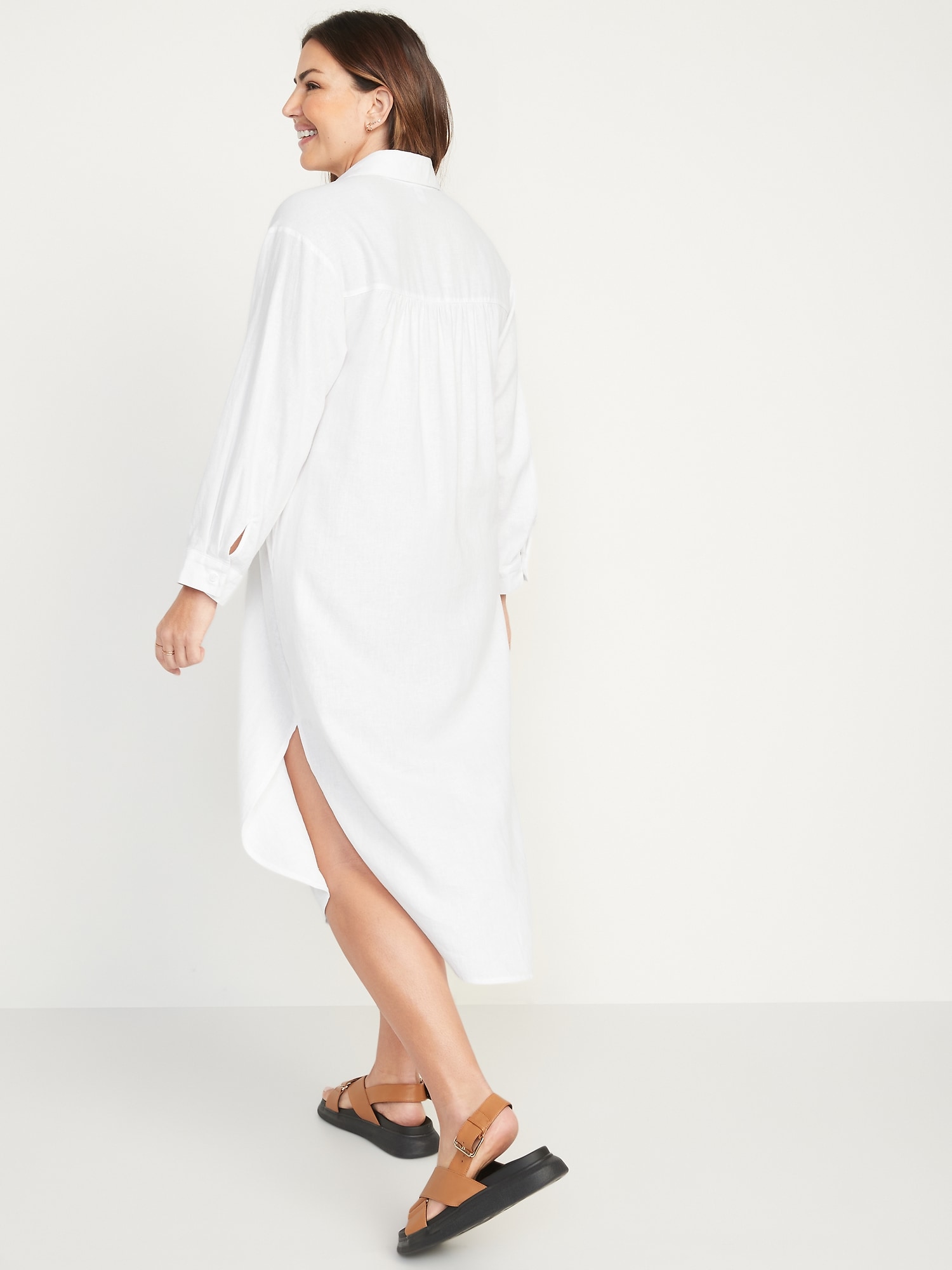 Long-Sleeve Linen-Blend Midi Shirt 
