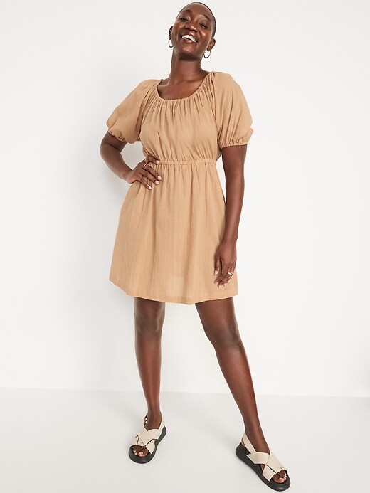 Image number 5 showing, Puff-Sleeve Tie-Back Cut-Out Mini Swing Dress for Women