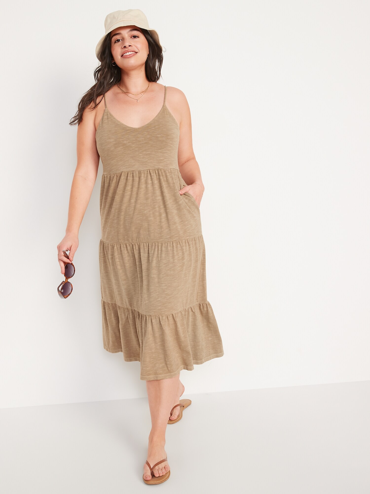 Tiered Slub-Knit Midi Cami Swing Dress 