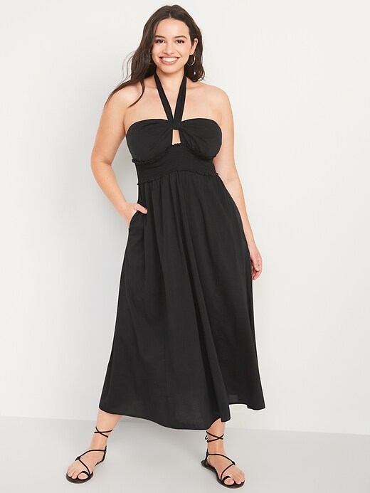 Image number 5 showing, Fit & Flare Smocked Twist-Front Halter Maxi Dress for Women