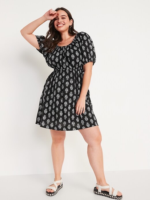 Image number 5 showing, Puff-Sleeve Printed Tie-Back Mini Swing Dress for Women