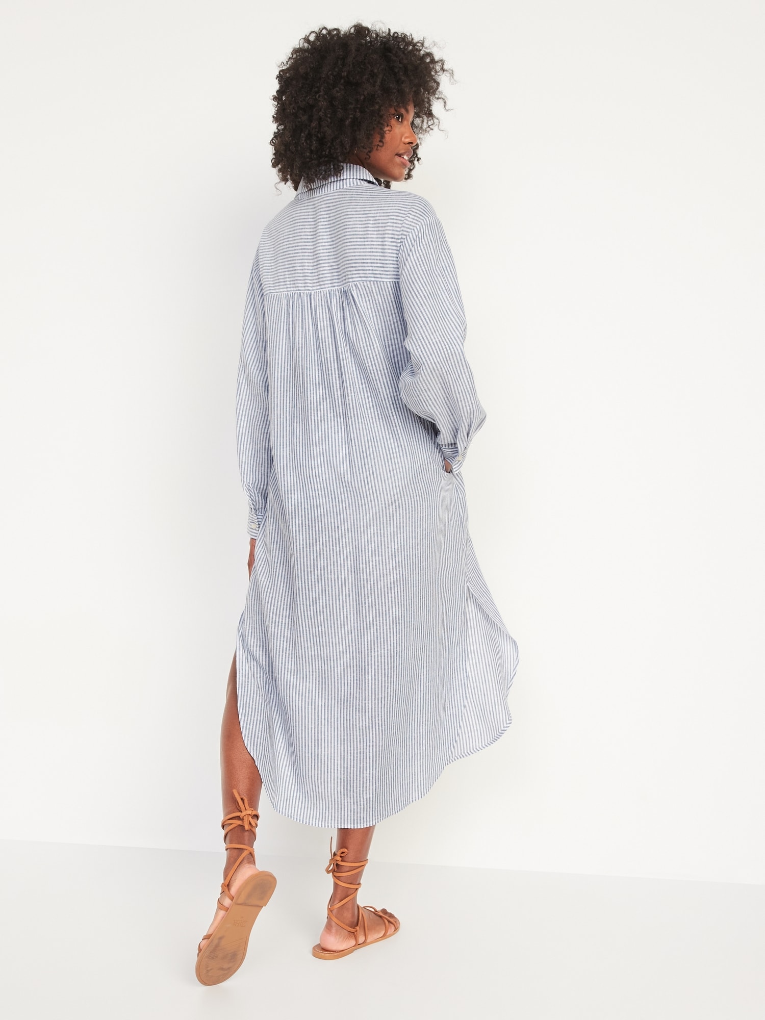 Long-Sleeve Striped Linen-Blend Midi Shirt Dress for Women