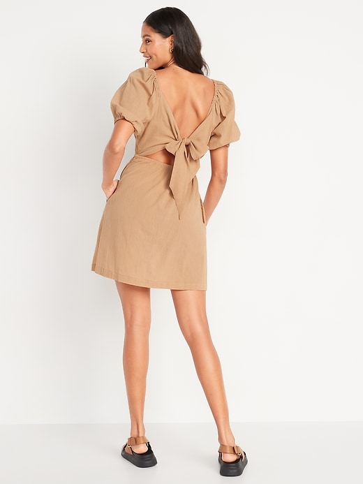 Image number 2 showing, Puff-Sleeve Tie-Back Cut-Out Mini Swing Dress for Women