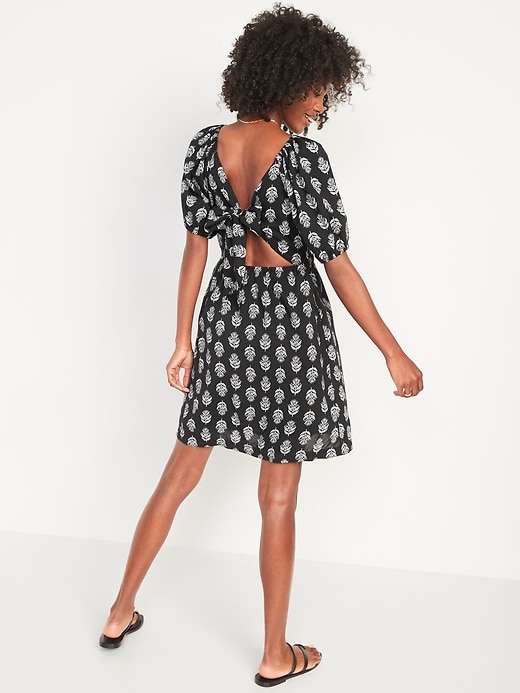 Image number 2 showing, Puff-Sleeve Printed Tie-Back Mini Swing Dress for Women