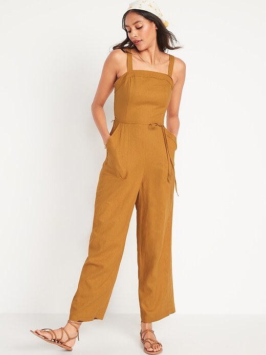 Old Navy Sleeveless Linen-Blend Tie-Belt Wide-Leg Jumpsuit for Women. 1