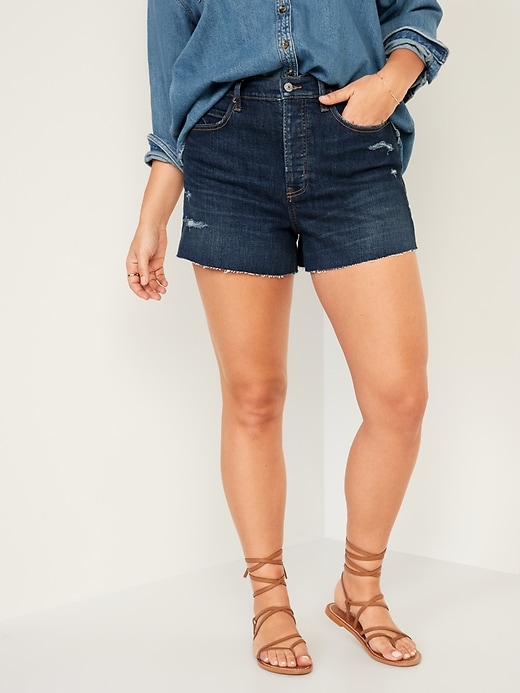 Image number 5 showing, Higher High-Waisted Button-Fly Sky-Hi A-Line Distressed Cut-Off Jean Shorts for Women -- 3-inch inseam
