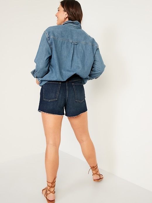 Image number 6 showing, Higher High-Waisted Button-Fly Sky-Hi A-Line Distressed Cut-Off Jean Shorts for Women -- 3-inch inseam