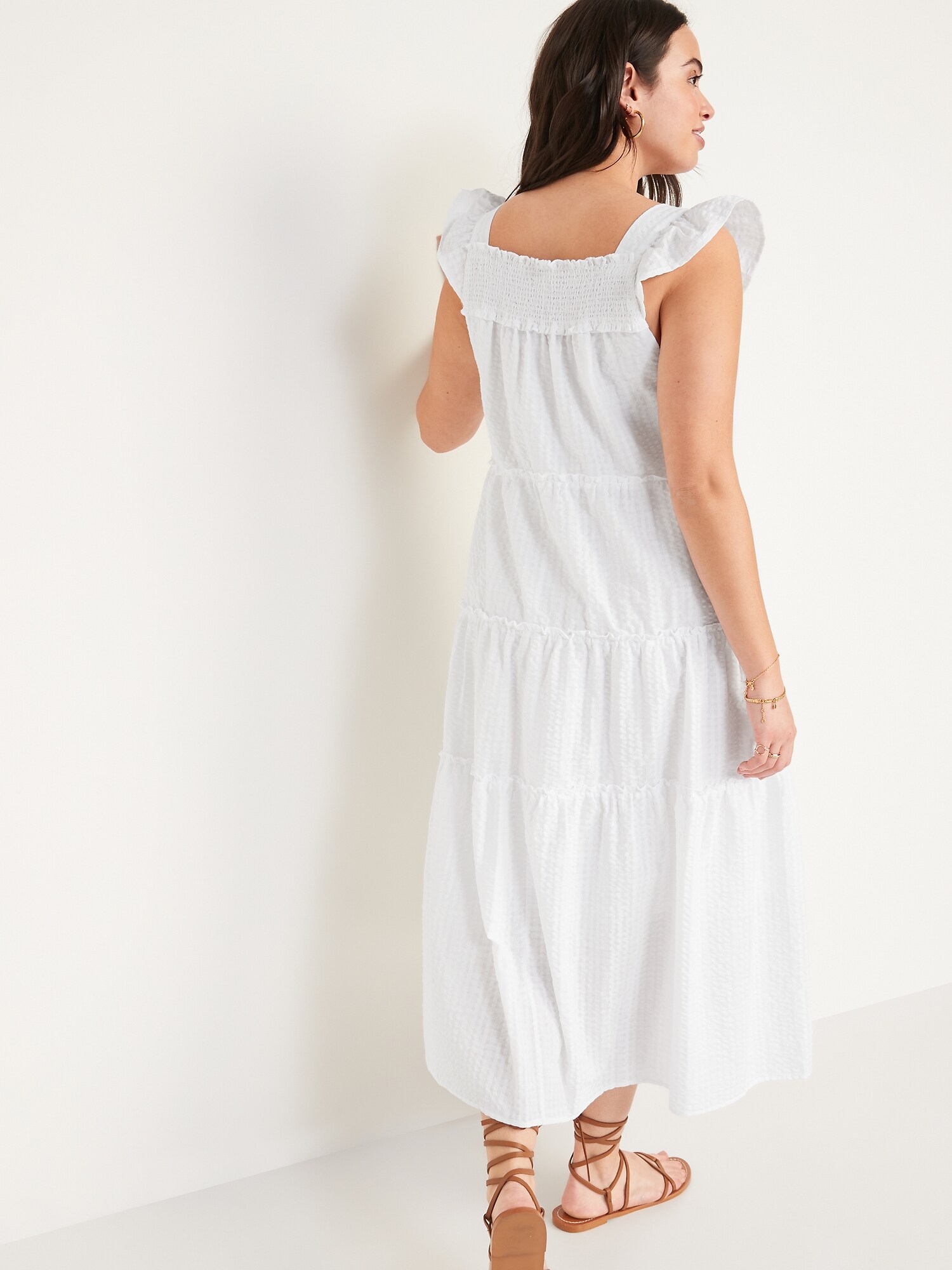 Sunisery Women's Flutter Short Sleeve Smocked Midi Dress Summer Casual  Tiered A-Line Dress White L 
