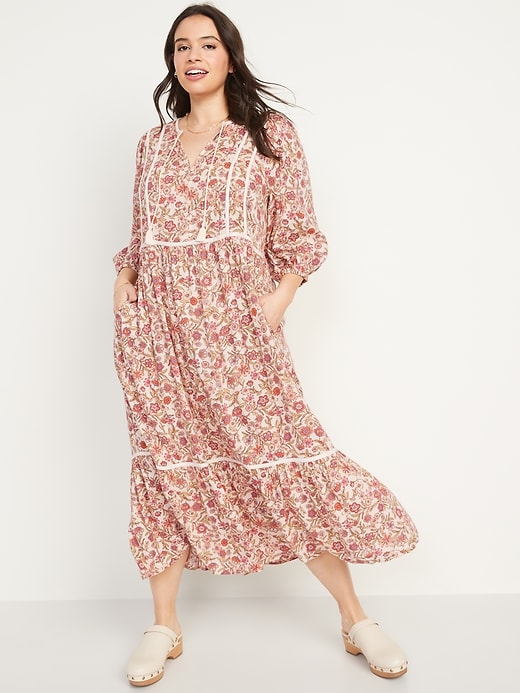 Image number 5 showing, Floral-Print 3/4-Sleeve Tie-Neck Maxi Swing Dress