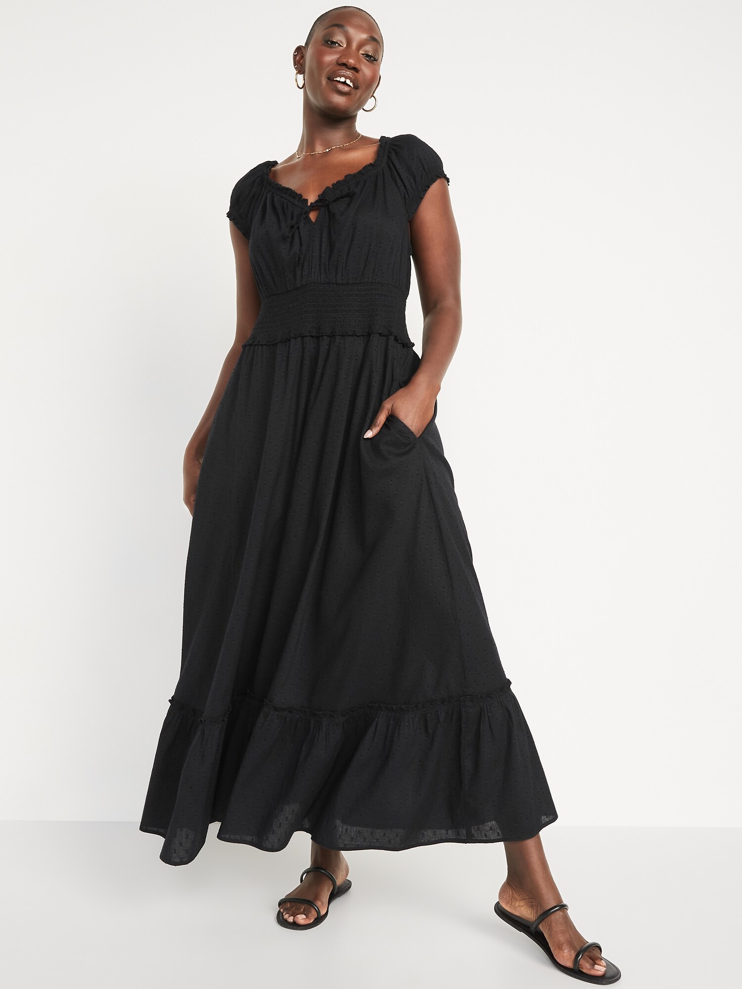 Waist-Defined Puff-Sleeve Clip-Dot Midi Dress for Women