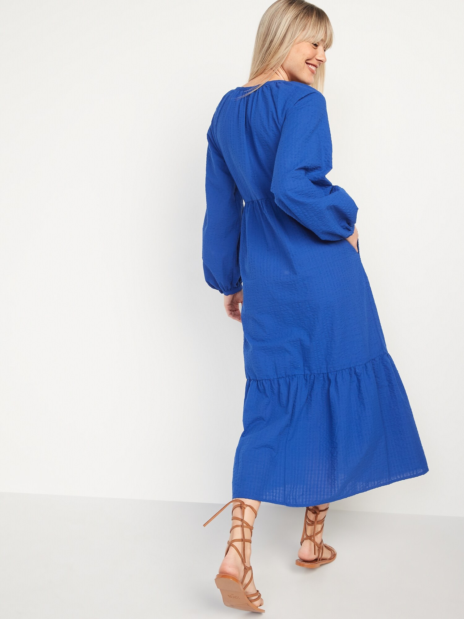 Long-Sleeve Seersucker All-Day Midi Swing Dress for Women | Old Navy
