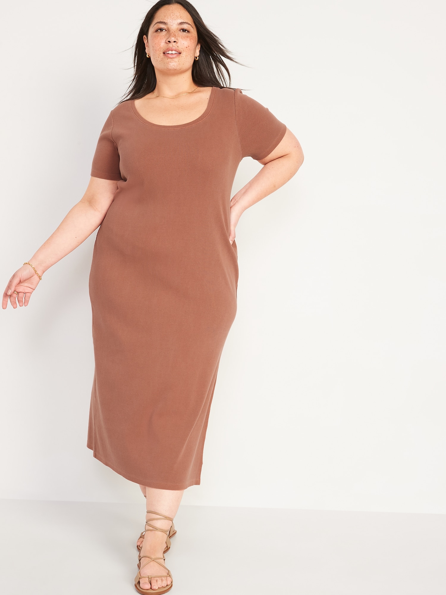 Fitted Short-Sleeve Rib-Knit Maxi Dress 