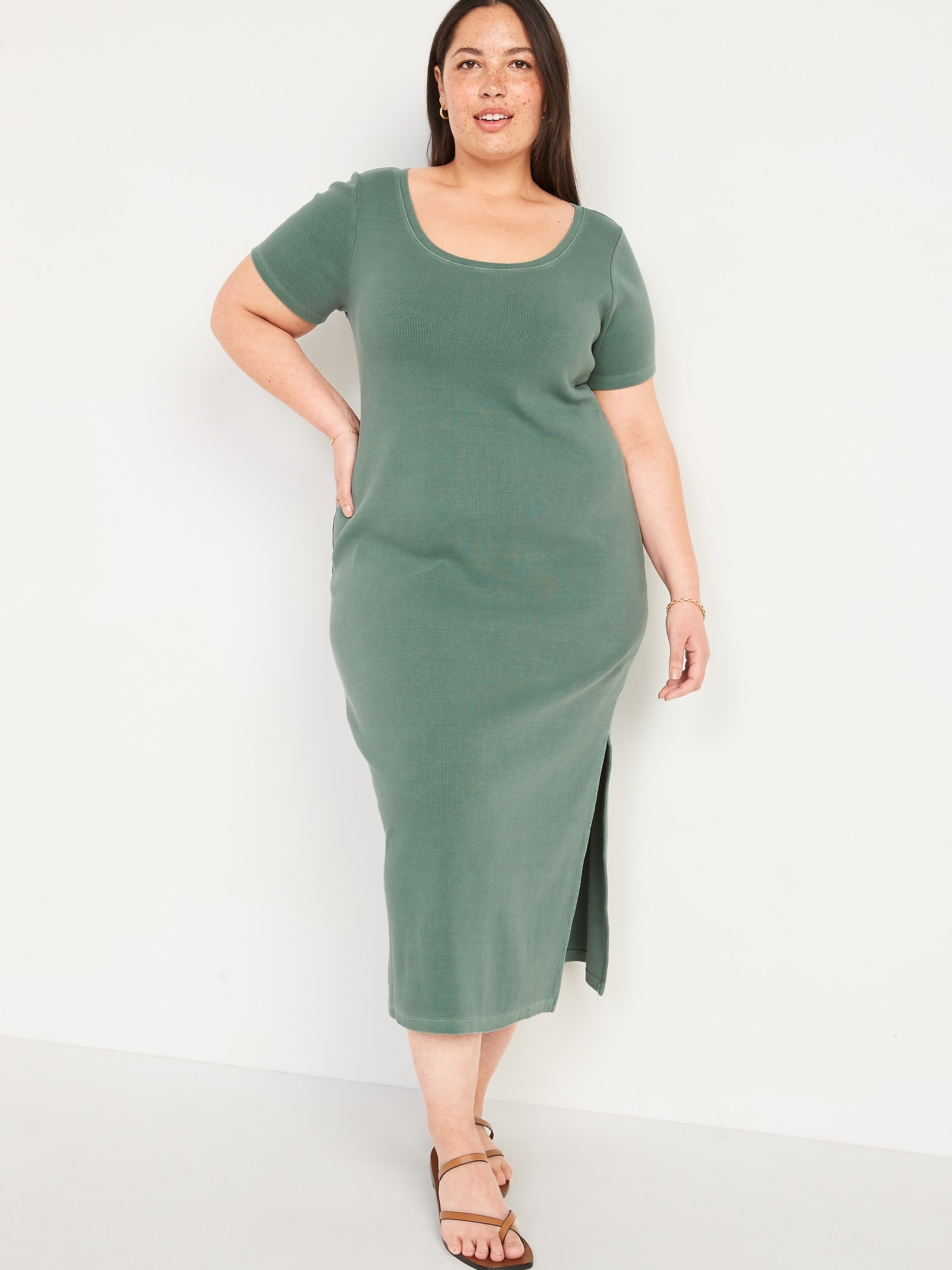Fitted Short-Sleeve Rib-Knit Maxi Dress 