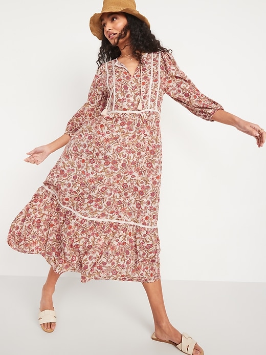 Image number 1 showing, Floral-Print 3/4-Sleeve Tie-Neck Maxi Swing Dress