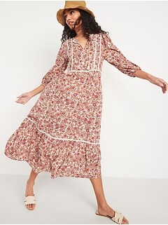 Floral-Print 3/4-Sleeve Tie-Neck Maxi Swing Dress for Women