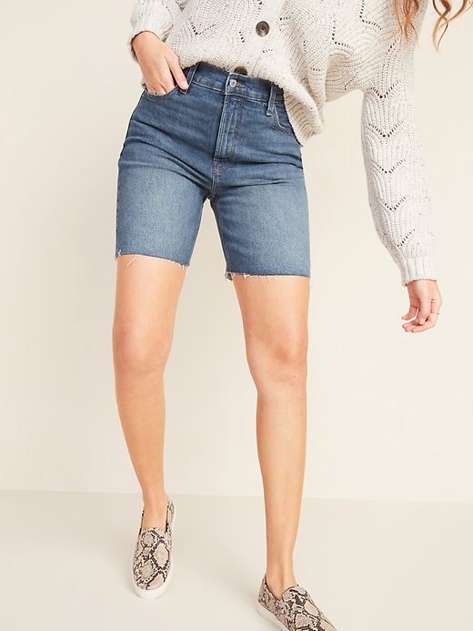 View large product image 1 of 3. Extra High-Waisted Sky-Hi Cut-Off Jean Shorts for Women -- 7-inch inseam