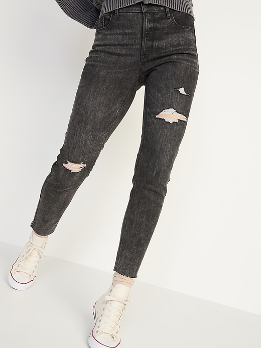 Image number 1 showing, High-Waisted Rockstar Super-Skinny Gray Ripped Ankle Jeans