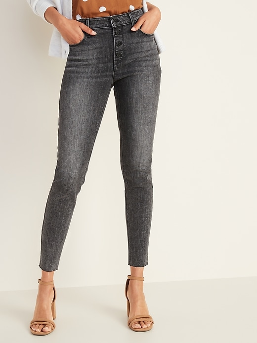 Image number 1 showing, High-Waisted Button-Fly Rockstar Super Skinny Ankle Jeans For Women