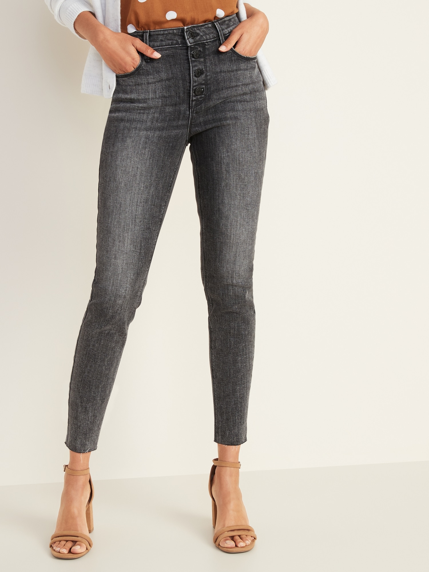 High-Waisted Button-Fly Rockstar Super Skinny Ankle Jeans For