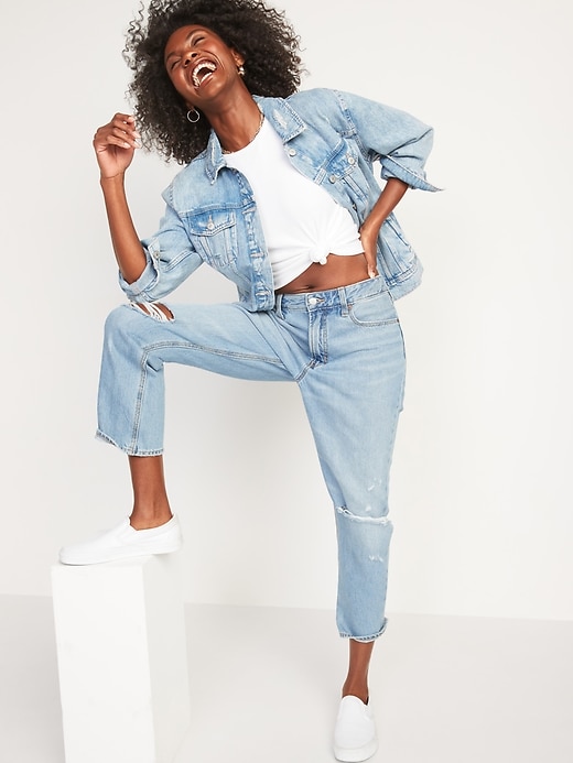 Image number 1 showing, High-Waisted Slouchy Straight Cropped Ripped Jeans for Women