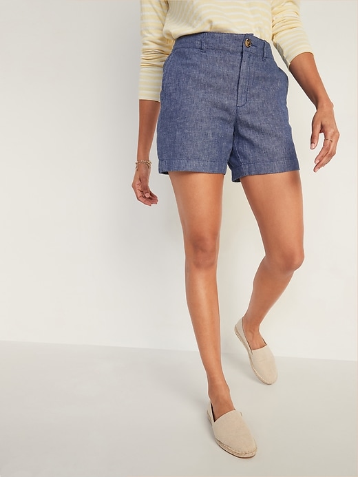 Image number 1 showing, High-Waisted Chambray Linen-Blend Everyday Shorts for Women -- 5-inch inseam