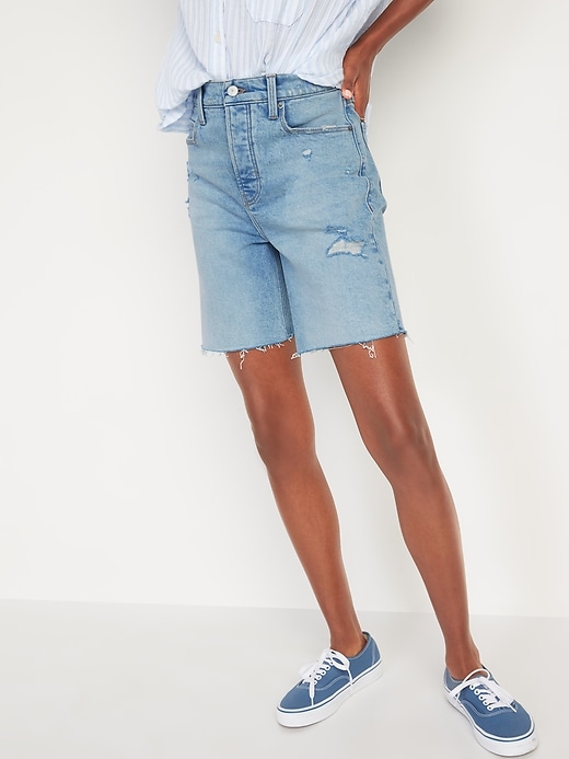 Image number 1 showing, Extra High-Waisted Sky-Hi Straight Button-Fly Cut-Off Jean Shorts for Women -- 7-inch inseam