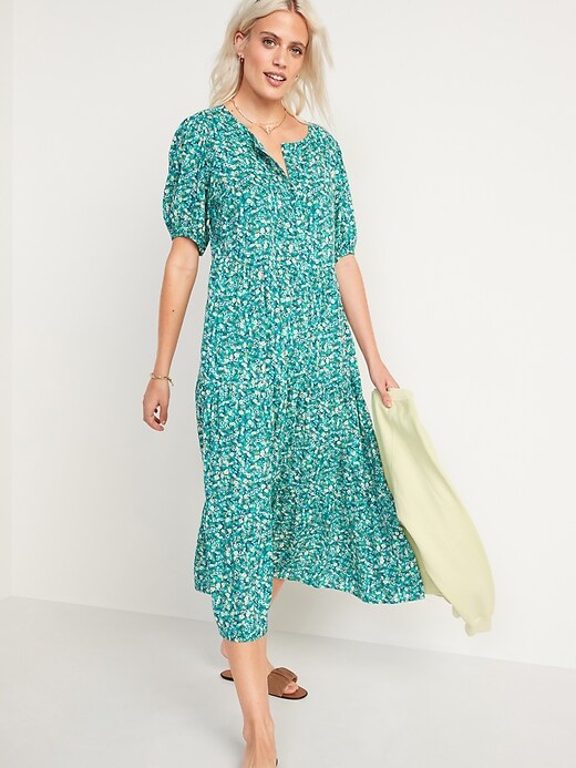 Image number 1 showing, Floral Puff-Sleeve Button-Front Midi Swing Dress for Women