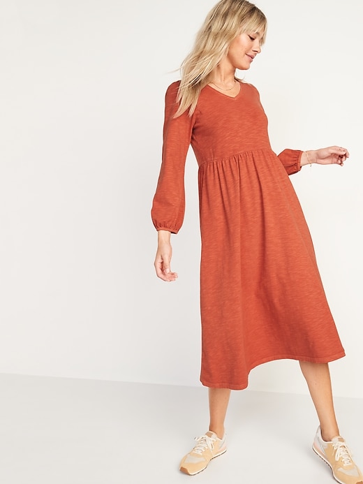 Image number 1 showing, Long-Sleeve Fit & Flare Slub-Knit Midi Dress for Women