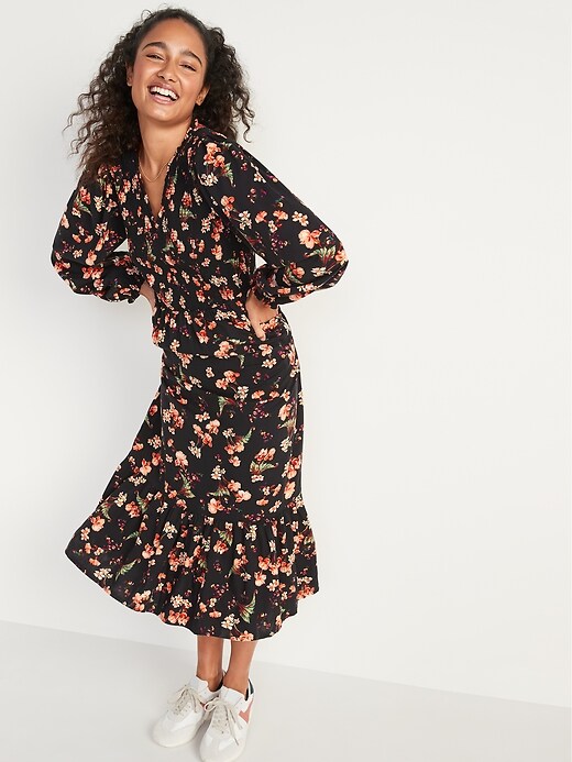 Long-Sleeve Fit & Flare Smocked Midi Dress for Women | Old Navy