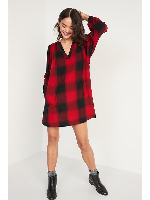 Image number 1 showing, Long-Sleeve Plaid Mini Swing Dress for Women
