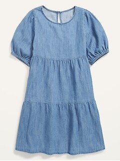 Tiered Puff-Sleeve Jean Dress for Girls