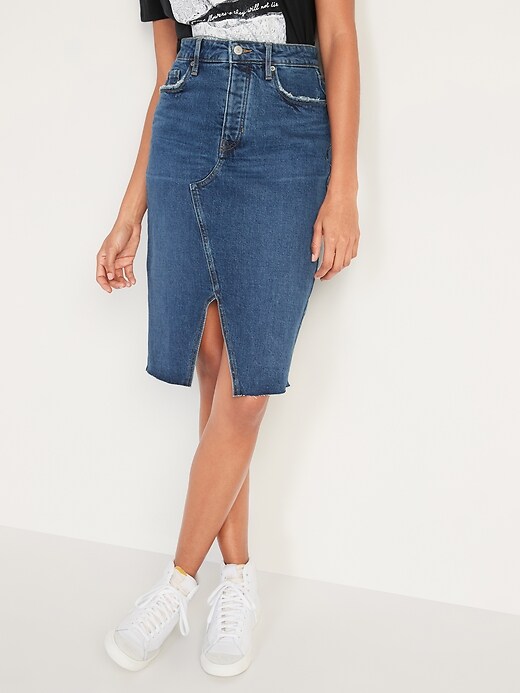 Image number 1 showing, Higher High-Waisted Button-Fly Cut-Off Jean Pencil Skirt