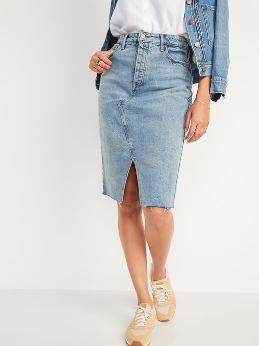 Image number 1 showing, Higher High-Waisted Button-Fly Light-Wash Jean Pencil Skirt