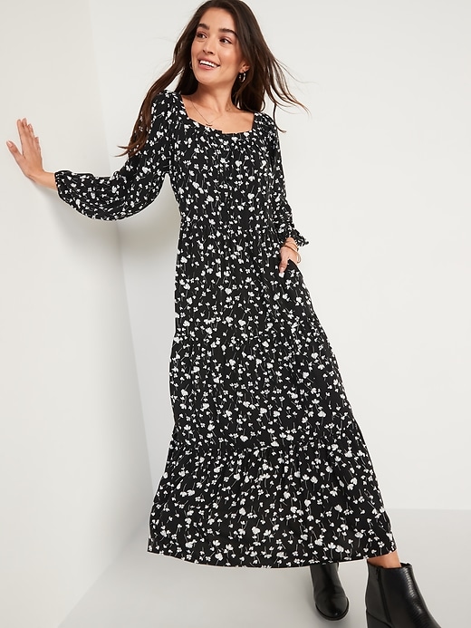 Image number 1 showing, Long-Sleeve Floral-Print Tiered Midi Swing Dress for Women