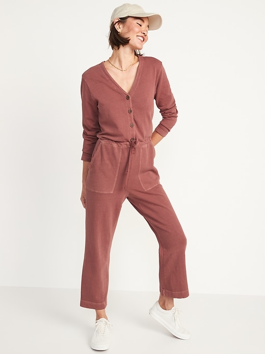 Image number 1 showing, Long-Sleeve Cropped French-Terry Utility Jumpsuit for Women
