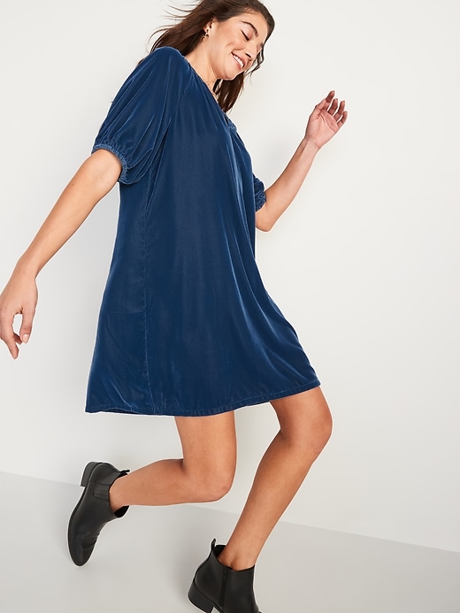 Image number 1 showing, Puff-Sleeve Velvet Mini Shift Dress for Women