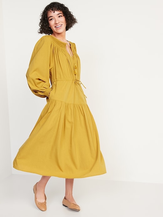 Waist-Defined Crinkle-Textured Long-Sleeve Midi Dress | Old Navy