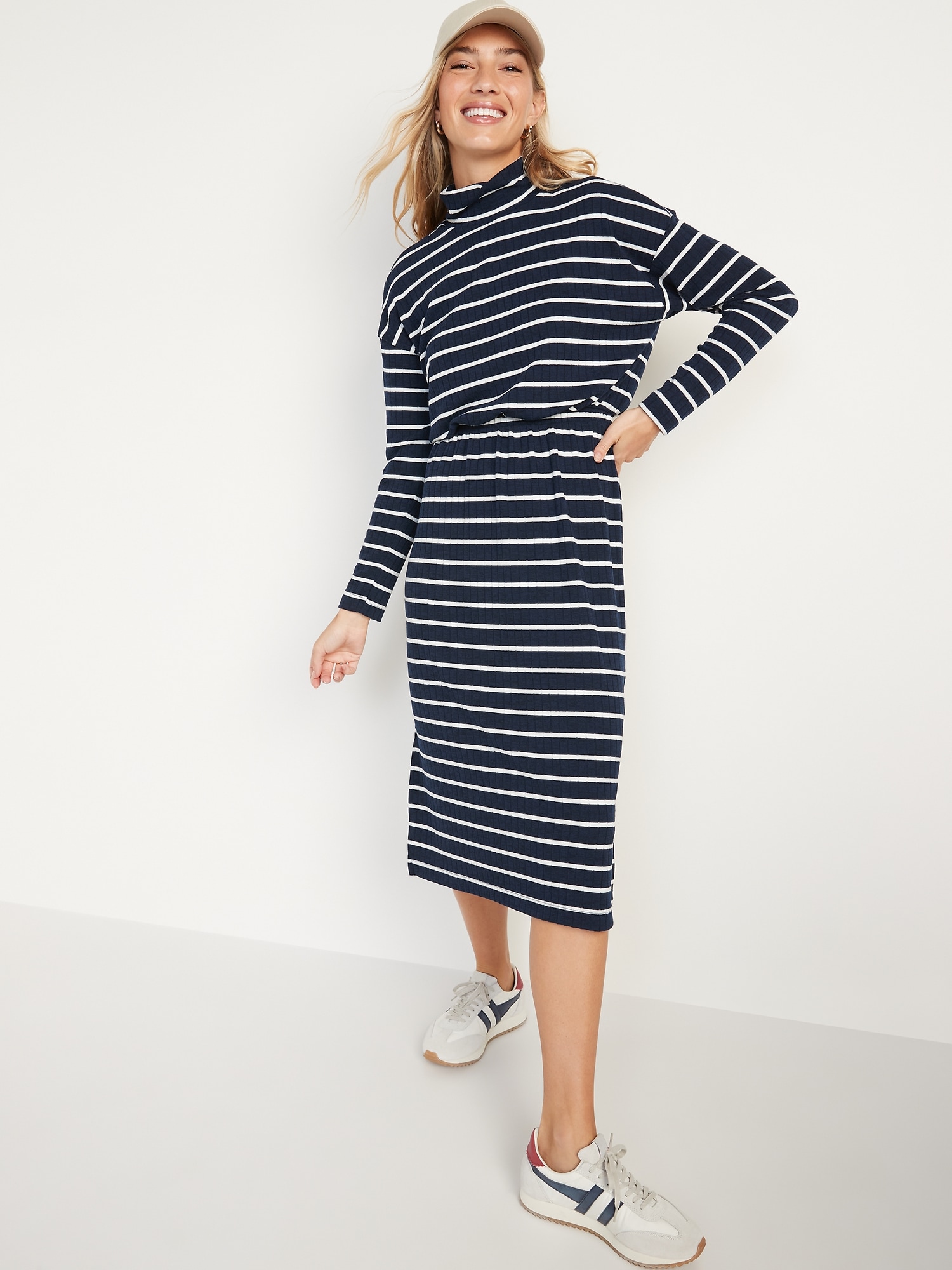 Navy and white shop striped midi dress