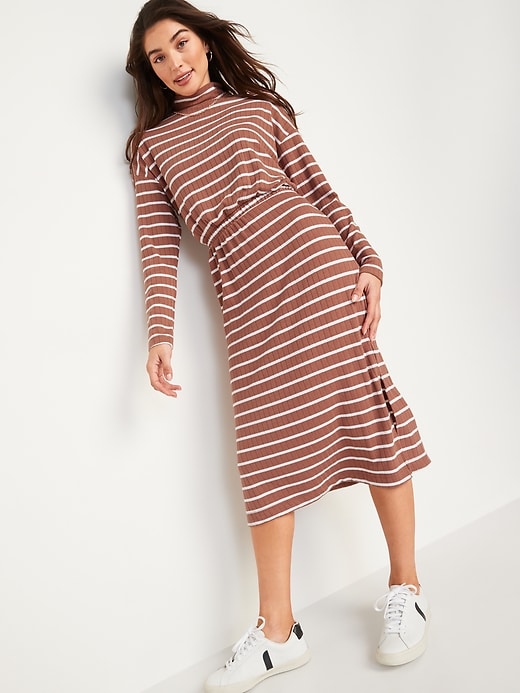 Image number 1 showing, Long-Sleeve Waist-Defined Rib-Knit Striped Midi Sweater Dress for Women