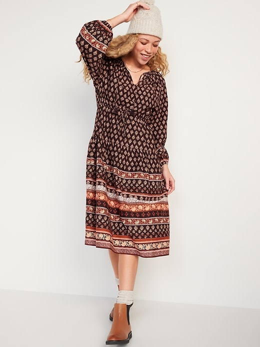 Image number 1 showing, Long-Sleeve Waist-Defined Tiered Poet Midi Dress for Women