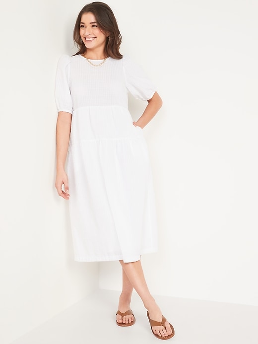Tiered Puff-Sleeve All-Day Midi Swing 