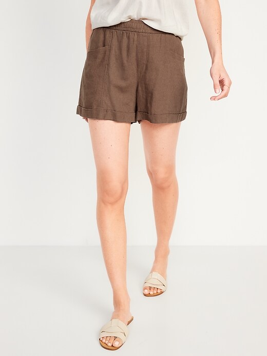 Image number 1 showing, High-Waisted Linen-Blend Shorts for Women -- 3.5-inch inseam