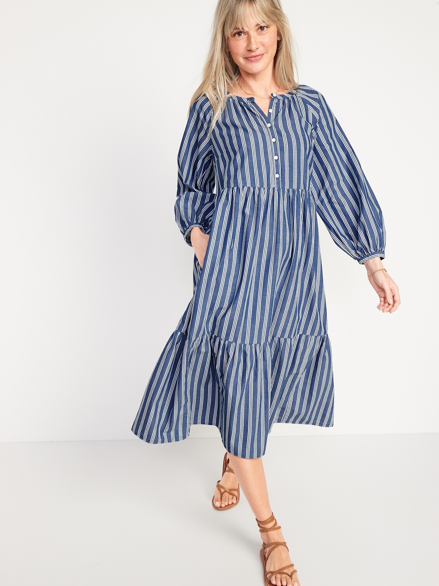 Striped Button-Front All-Day Midi Swing ...
